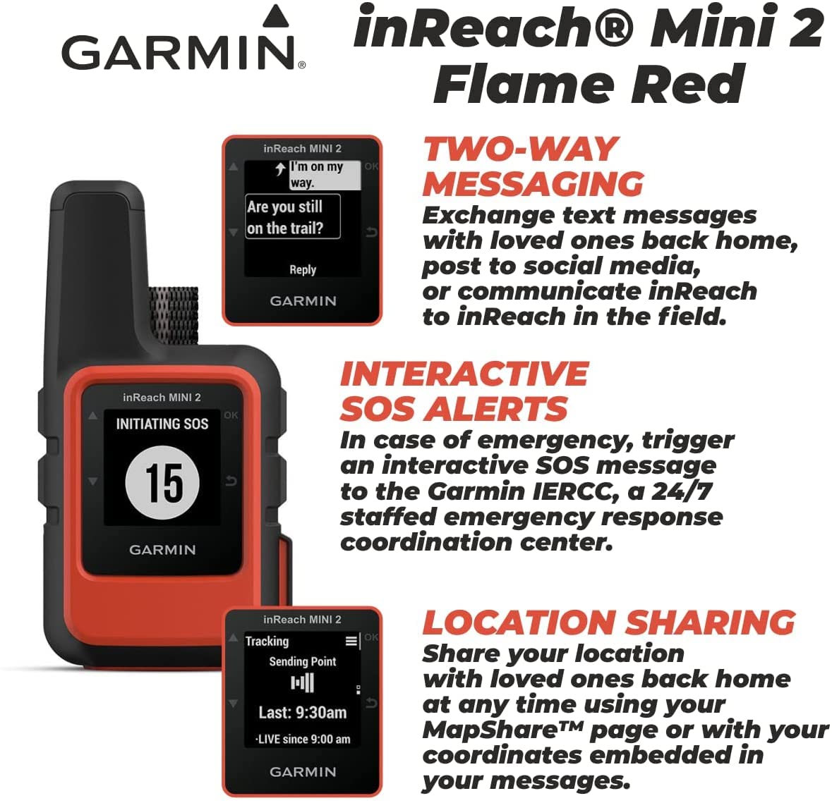 Garmin inReach Mini 2 Lightweight and Compact Satellite Communicator, Hiking Handheld, Flame Red with Wearable4U 2 Pack Cases Black/Khaki Bundle