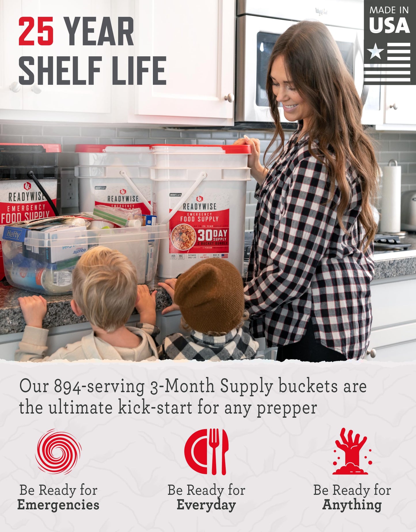 READYWISE - 3 Month, Emergency Food Supply, 894 Servings, 6 Buckets, Freeze-Dried, MRE, Camping, Hiking, Survival, Adventure Meal, 25-Year Shelf Life