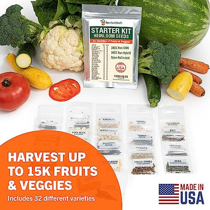 Open Seed Vault 15,000 Non GMO Heirloom Vegetable Seeds for Planting Vegetables and Fruits (32 Variety Pack) - Gardening Seed Starter Kit, Survival Gear Food, Gardening Gifts, Prepper Supplies