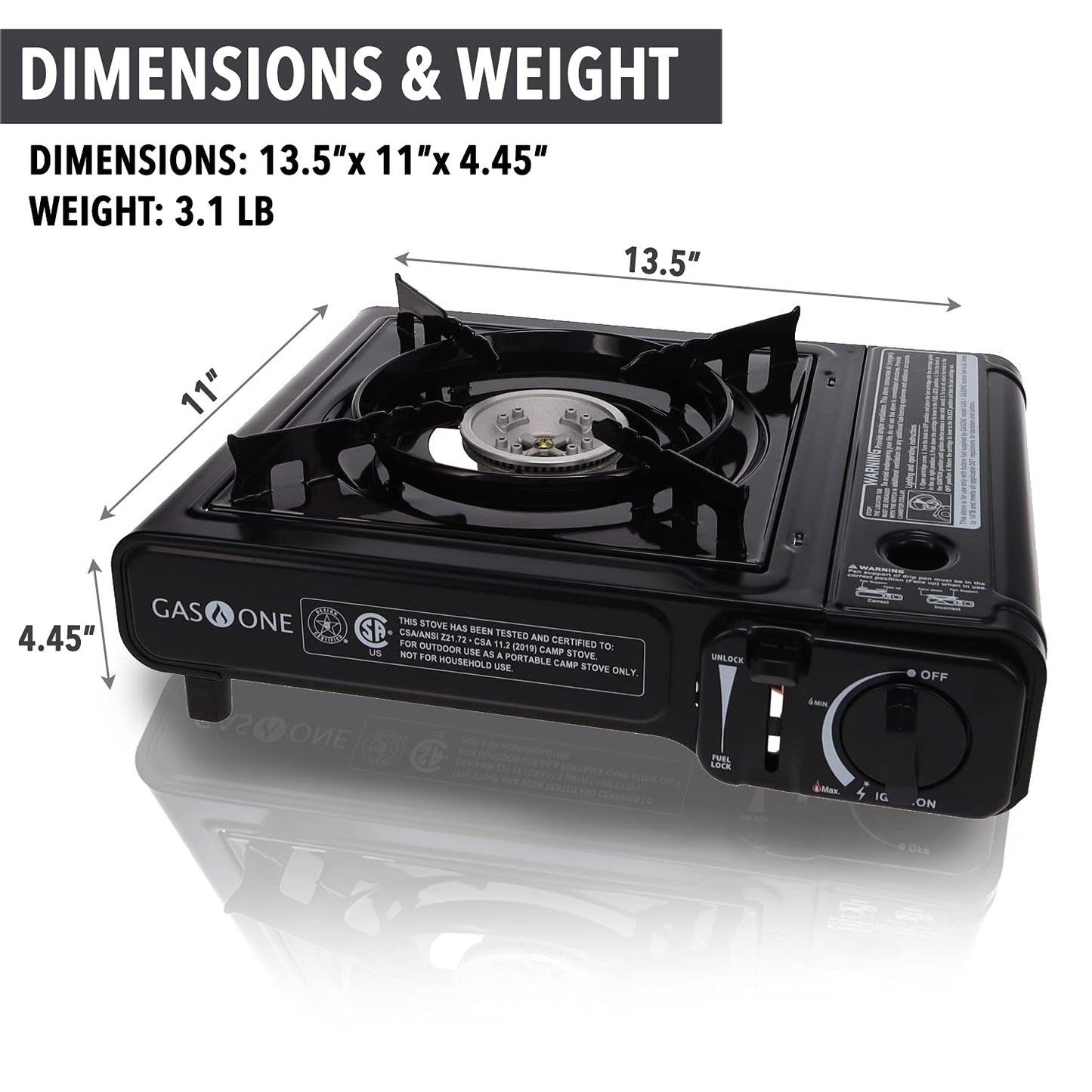 GAS ONE GS-3000 Portable Gas Stove with Carrying Case, 9,000 BTU, CSA Approved, Black, 11.2" H x 4.4" W x 13.5" L