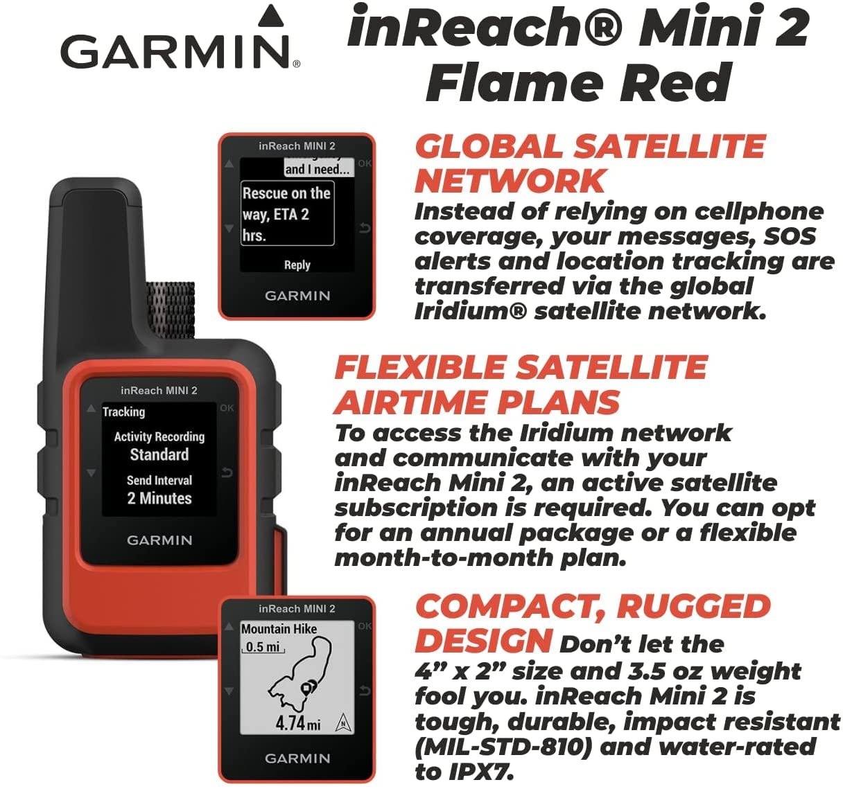 Garmin inReach Mini 2 Lightweight and Compact Satellite Communicator, Hiking Handheld, Flame Red with Wearable4U 2 Pack Cases Black/Khaki Bundle