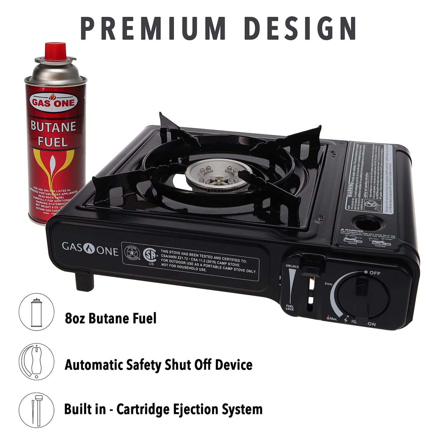 GAS ONE GS-3000 Portable Gas Stove with Carrying Case, 9,000 BTU, CSA Approved, Black, 11.2" H x 4.4" W x 13.5" L