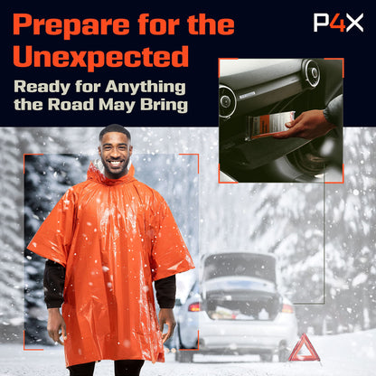 PREPARED4X Emergency Rain Poncho with Mylar Blanket Liner - Survival Blankets for Car - Heavy Duty, Waterproof Camping Gear, Tactical Prepper Supplies– 10 Pack (Orange)