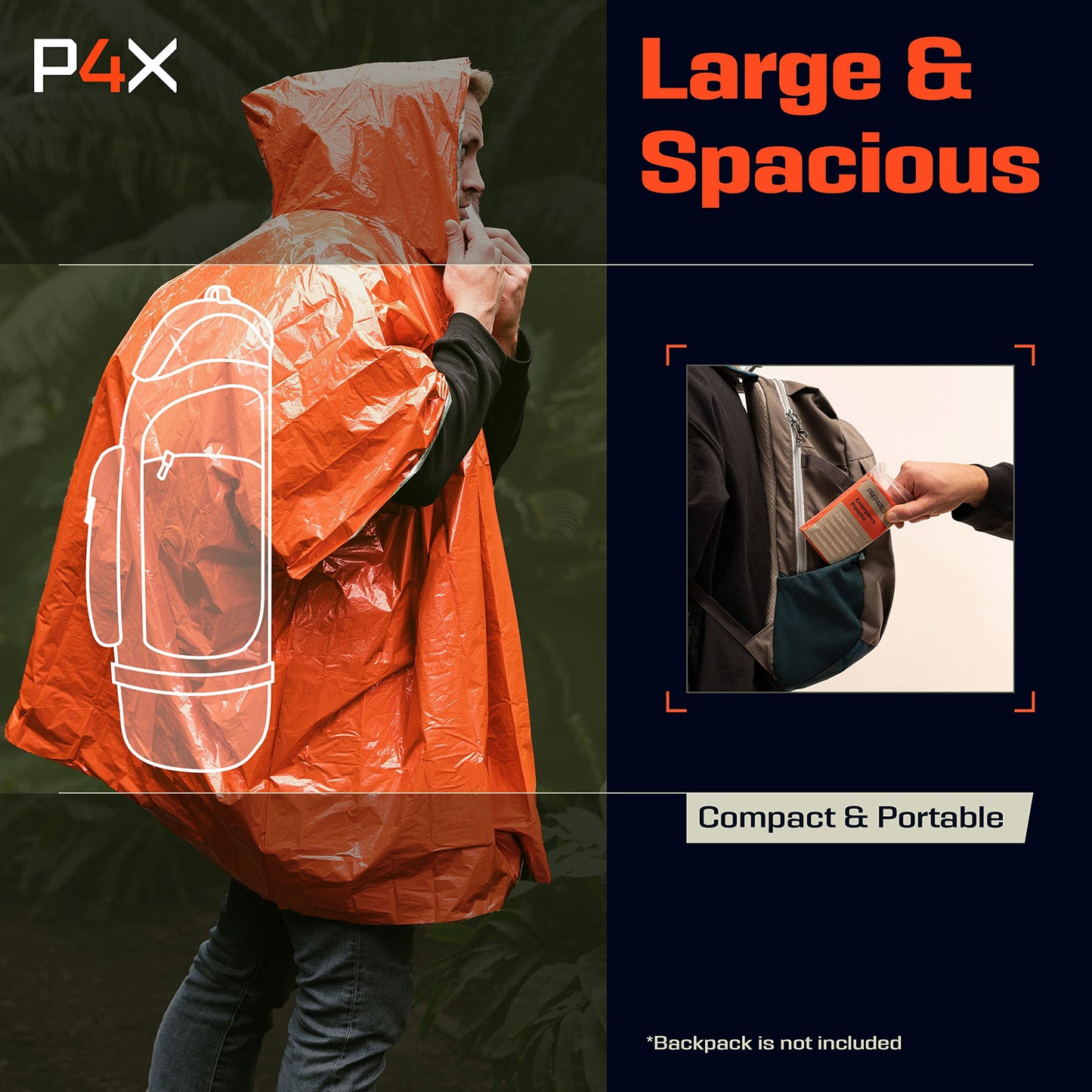 PREPARED4X Emergency Rain Poncho with Mylar Blanket Liner - Survival Blankets for Car - Heavy Duty, Waterproof Camping Gear, Tactical Prepper Supplies– 10 Pack (Orange)