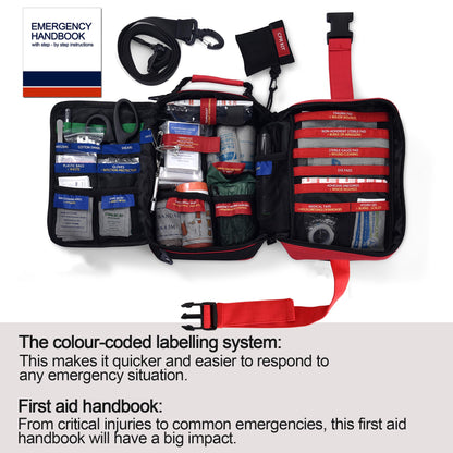 【2024 Upgrade】 Advanced First Aid Kit, Comprehensive Trauma First Aid Kits with Labelled Compartments for Cars, Home, Office, Backpacking, Camping, Traveling, and Cycling - 230 Piece