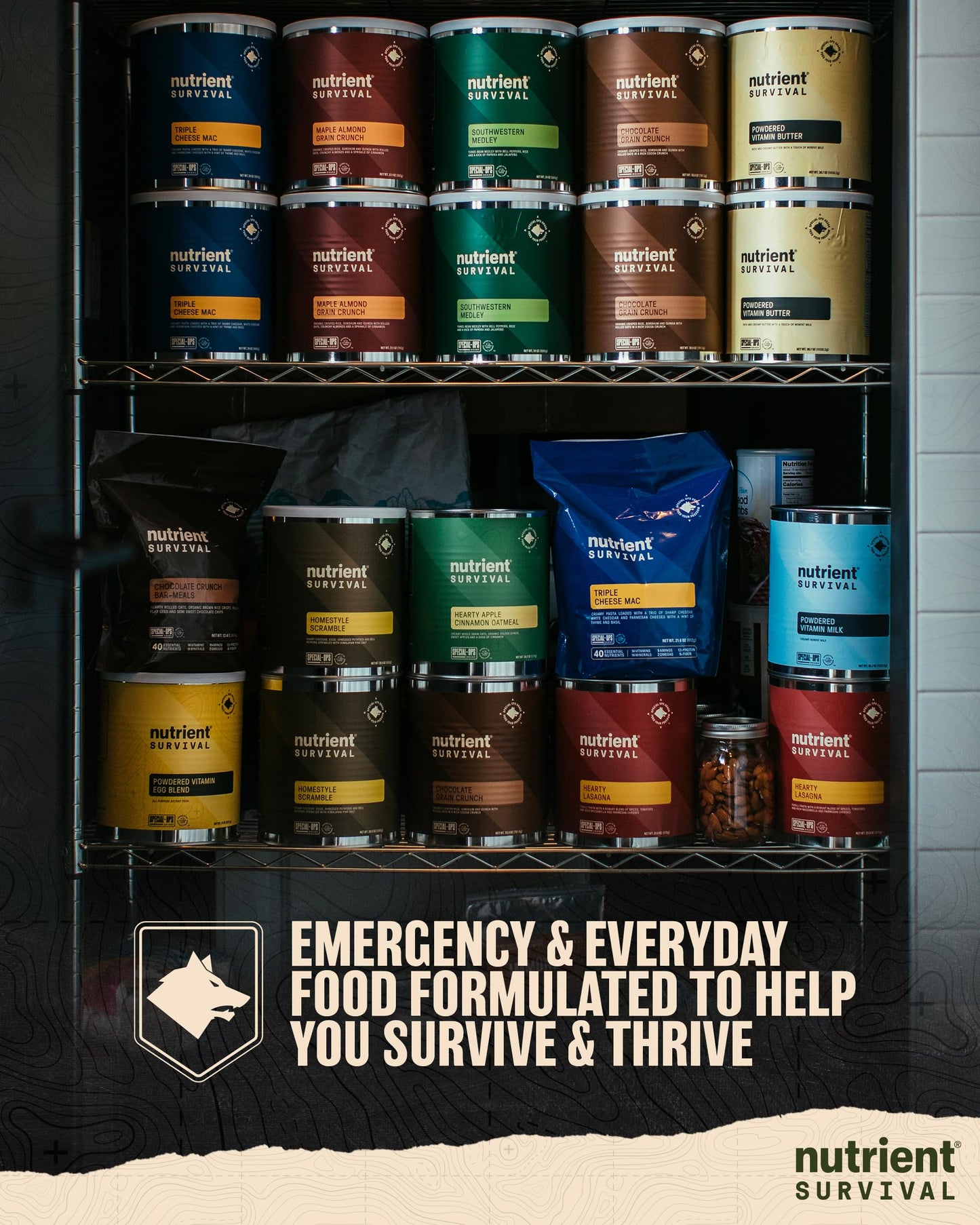 Nutrient Survival MRE Emergency Food Supply, 14-Day Survival Food (72 Servings) Bucket Disaster Kit, Freeze Dried Ready to Eat Meals in Resealable Packs, Shelf Stable up to 15 Years