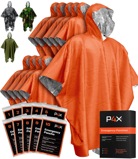 PREPARED4X Emergency Rain Poncho with Mylar Blanket Liner - Survival Blankets for Car - Heavy Duty, Waterproof Camping Gear, Tactical Prepper Supplies– 10 Pack (Orange)